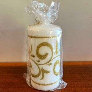 White with Gold Swirl 6" Pillar Candle NWT